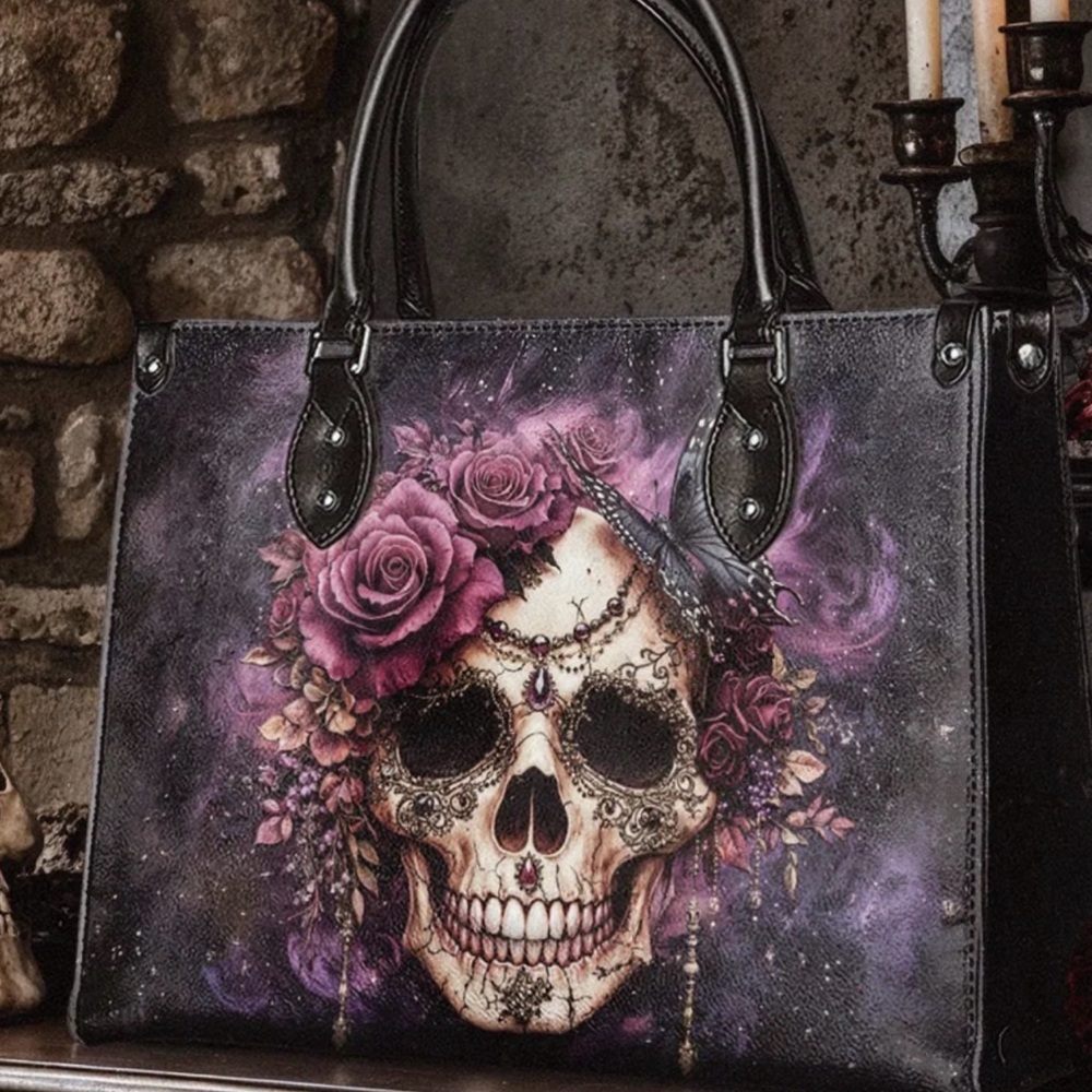 Floral Skull Tote Bag and Wallet combo. Black and Purple - Picture 2 of 10